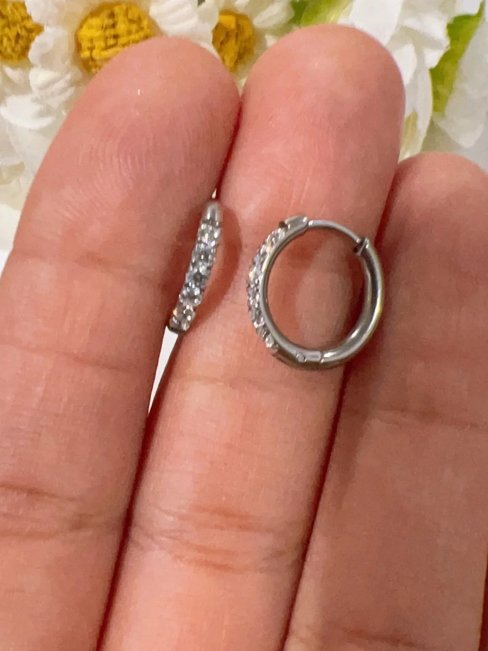 White Gold Plated Huggie Hoop Earrings with CZ stones 10mm